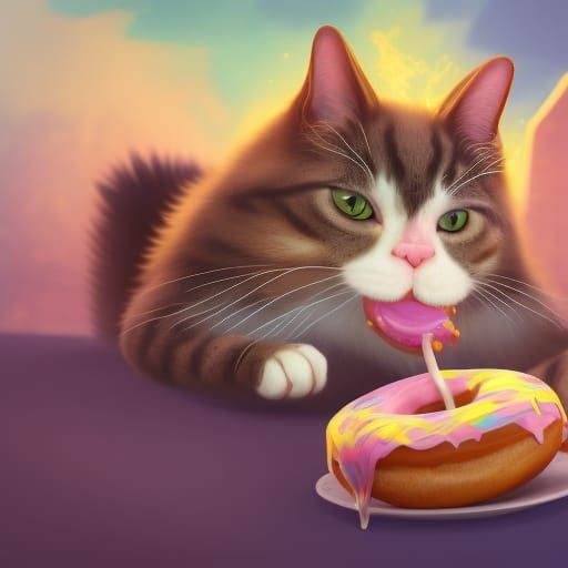 Cat Enjoying Donut: Detailed Matte Painting
