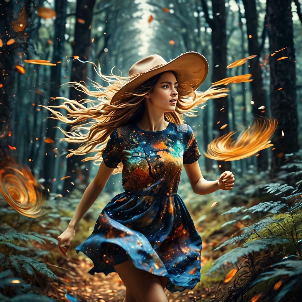 Girl Chasing Hat in Cosmic Forest Illustration