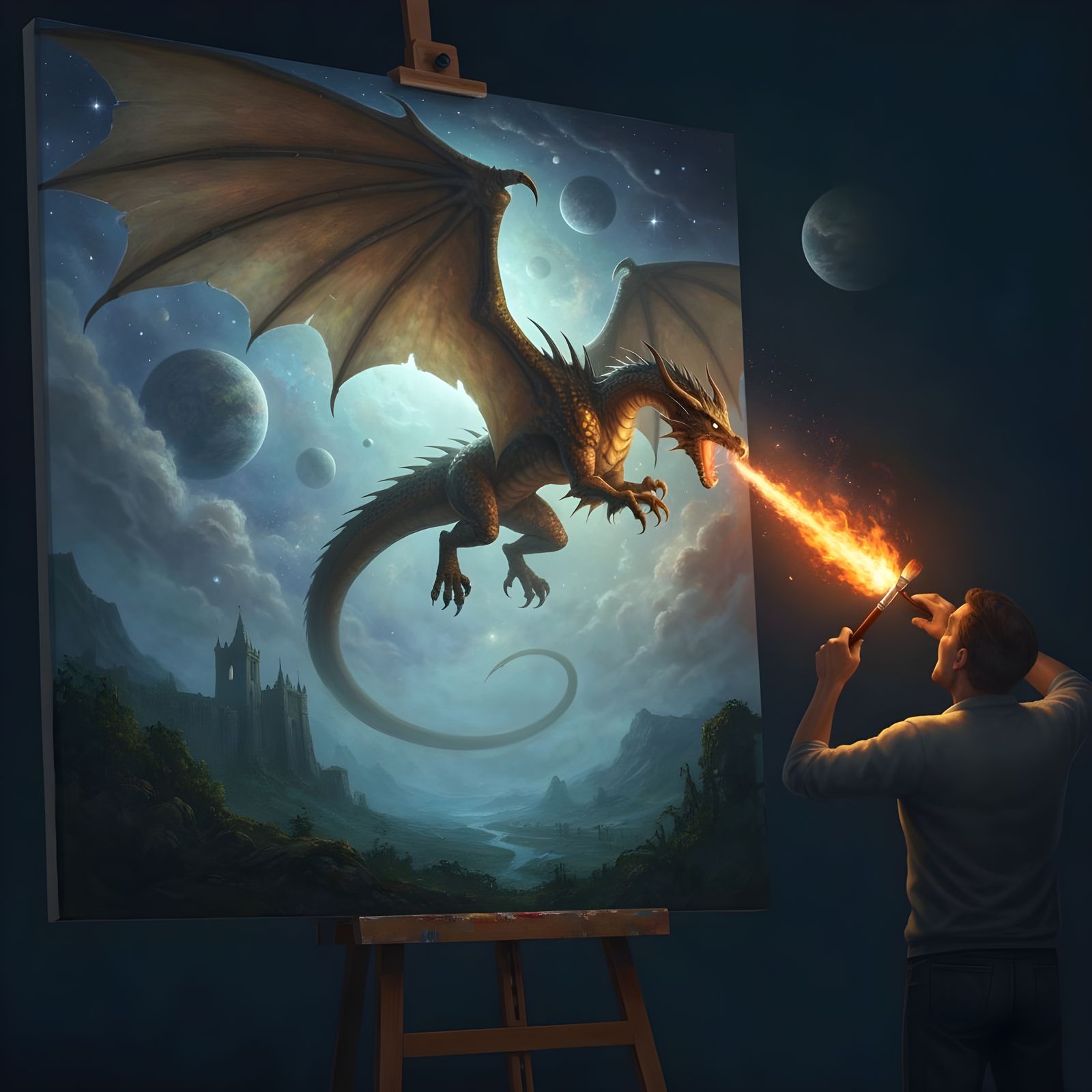 Golden Dragon Emerges from Painting into Artist Studio