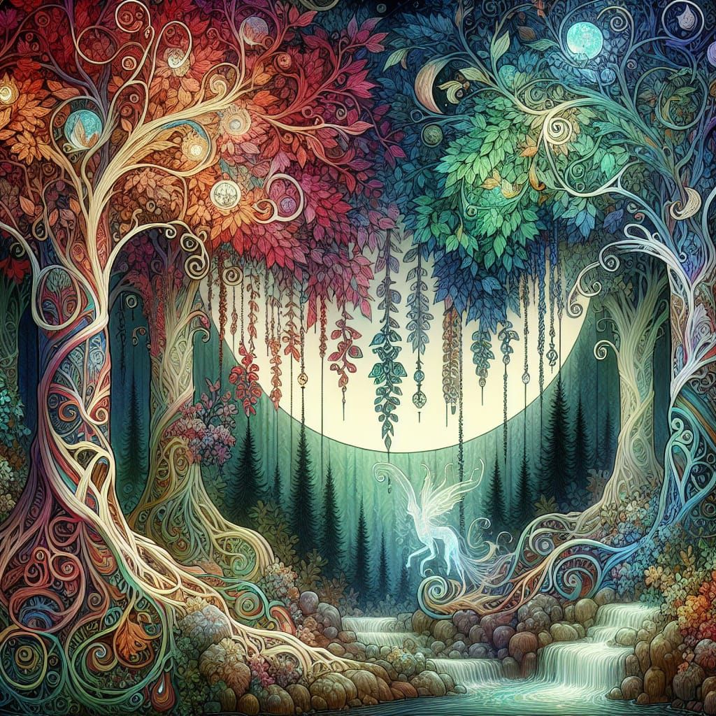 Enchanted Autumn Forest in Art Nouveau Style