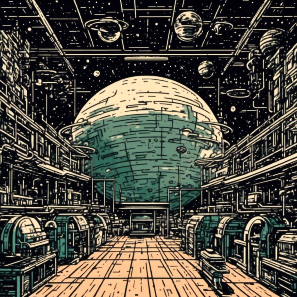 Retro Intergalactic Space Station in Vector Line Art