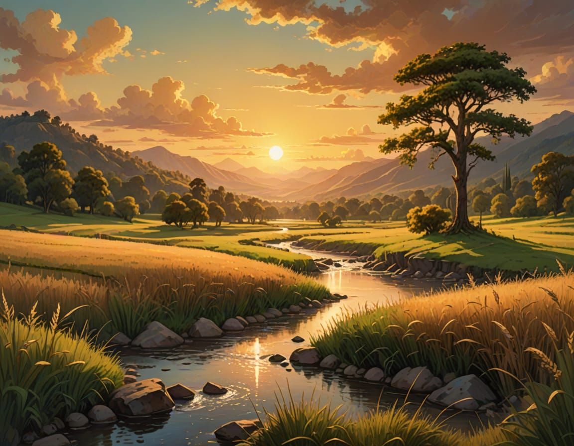 Serene Valley Sunset Digital Painting with Wooden Cross