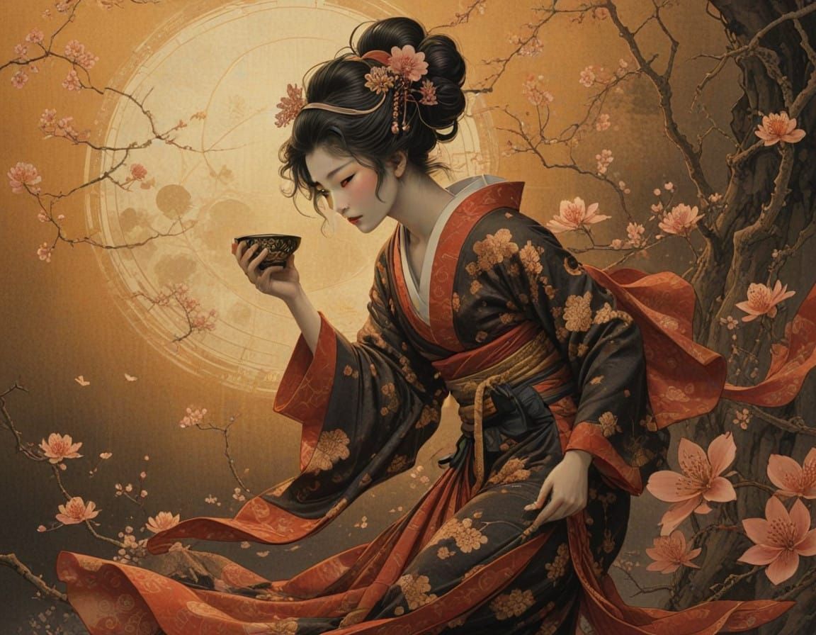 Darkly Beautiful Cherry Blossom Geisha in Sinister Repose