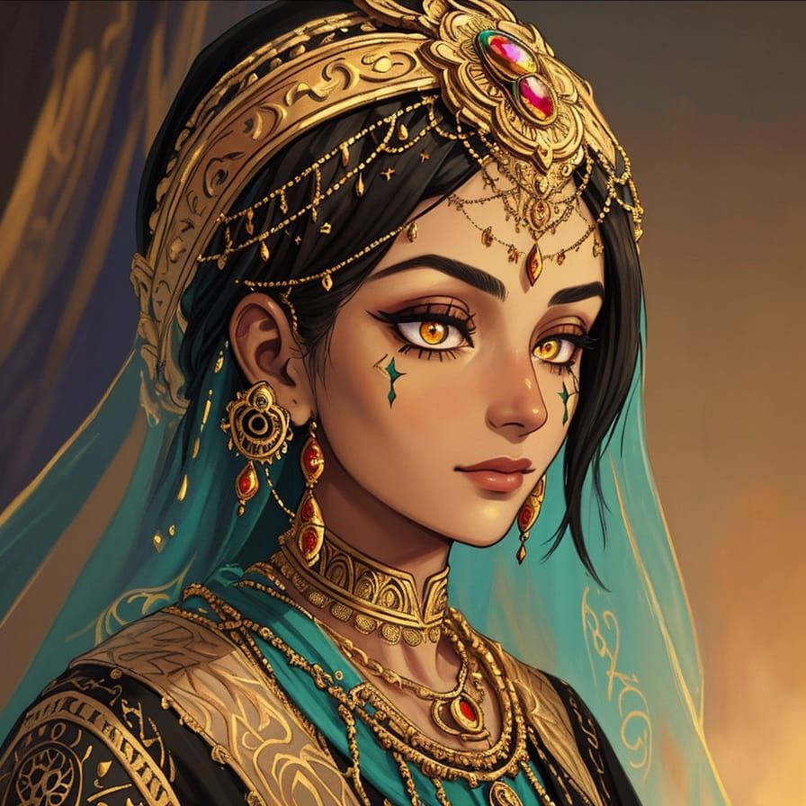 Mysterious Arab Woman with Tattoos in Oil Painting