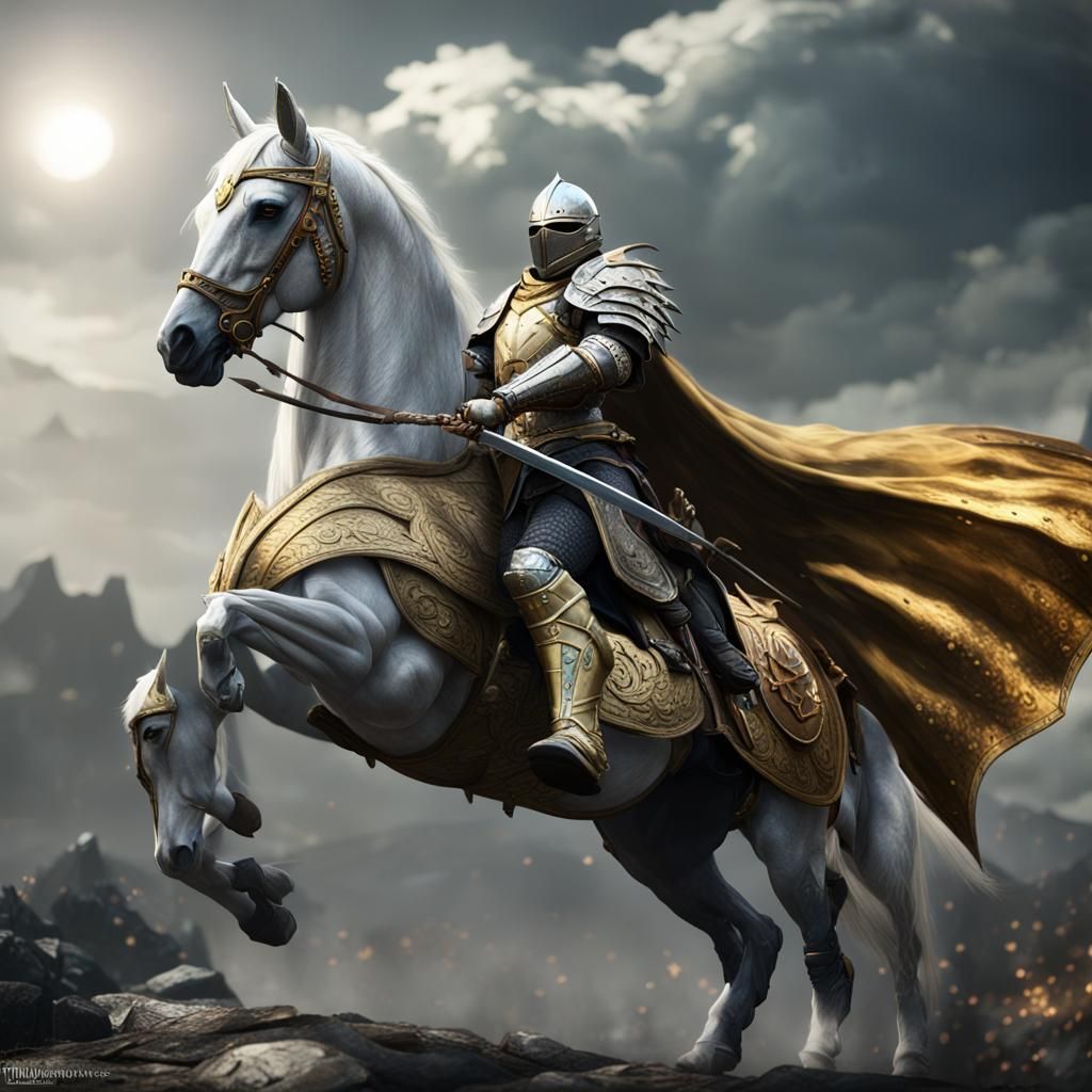 Dragon Slayer Armor with Golden Shield, Fantasy Art