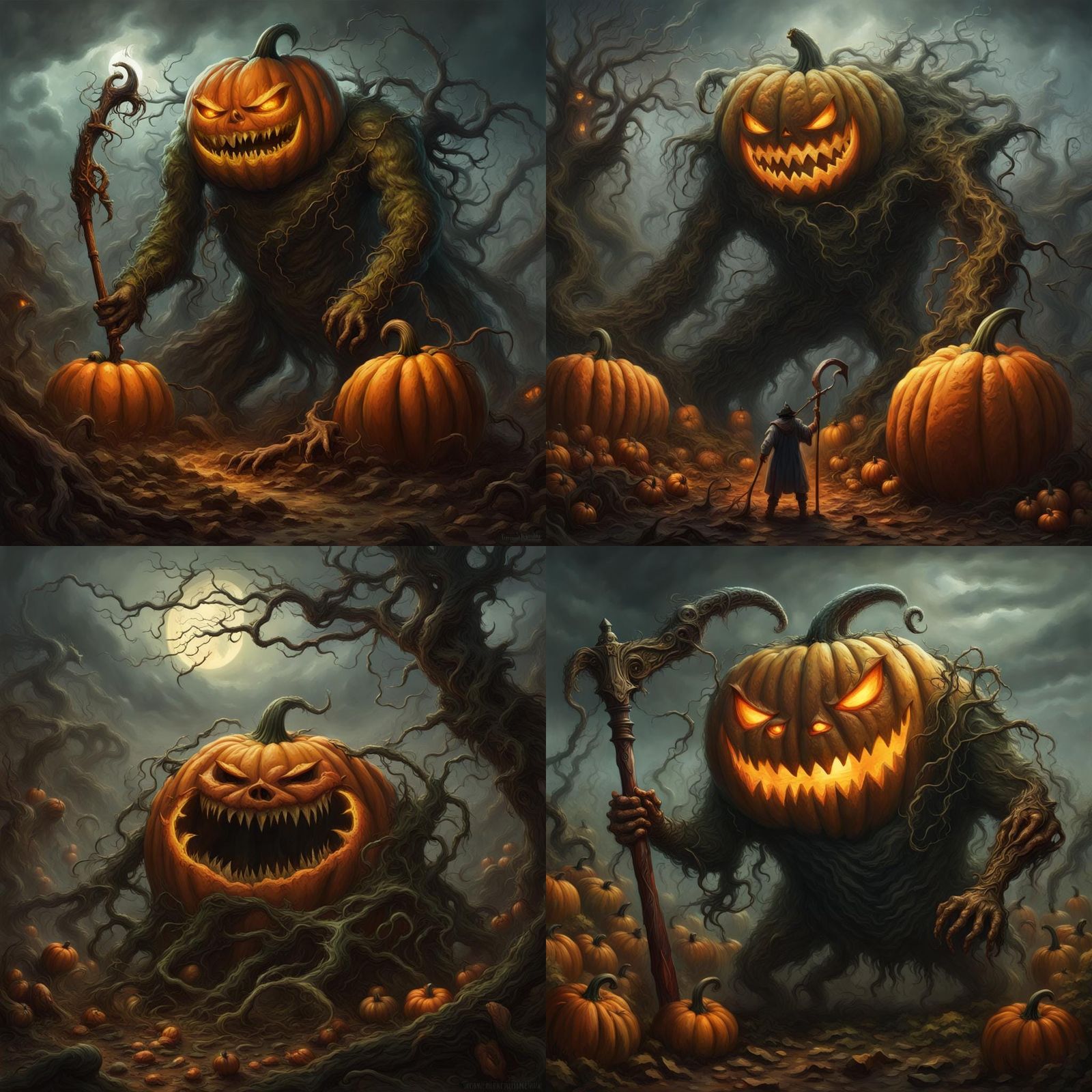 Giant Pumpkin Monster with vines for arms holding a scythe Epic cinematic brilliant stunning intricate meticulously det...