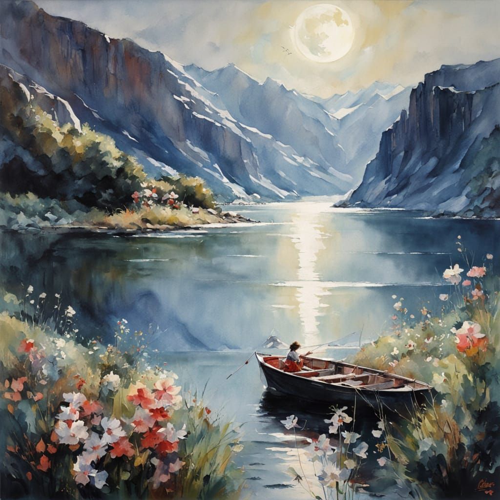 Glacial Lake Watercolor with Blooming Cliffs at Night