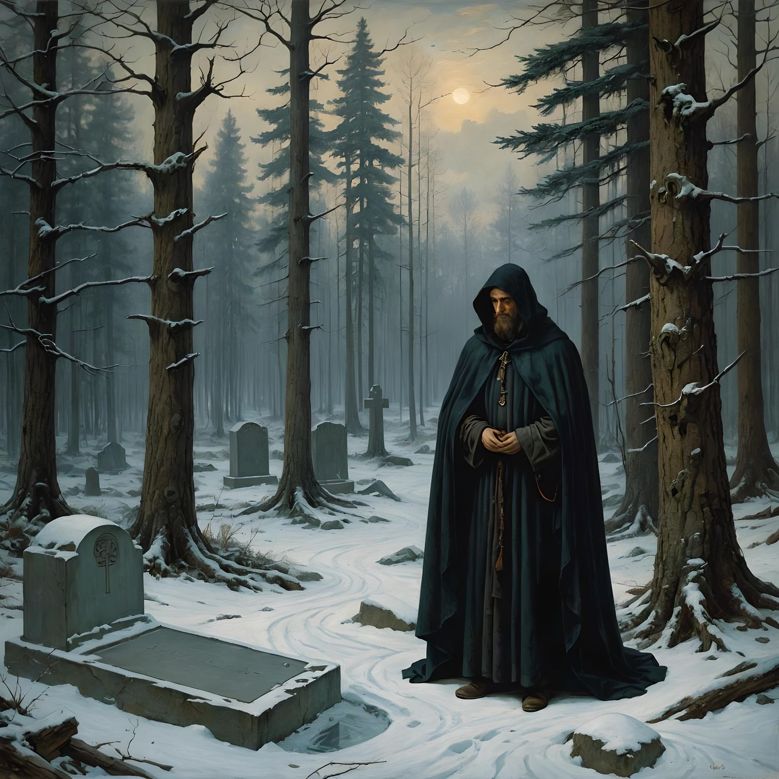 Melancholic Figure in Winter Forest, Oil Painting