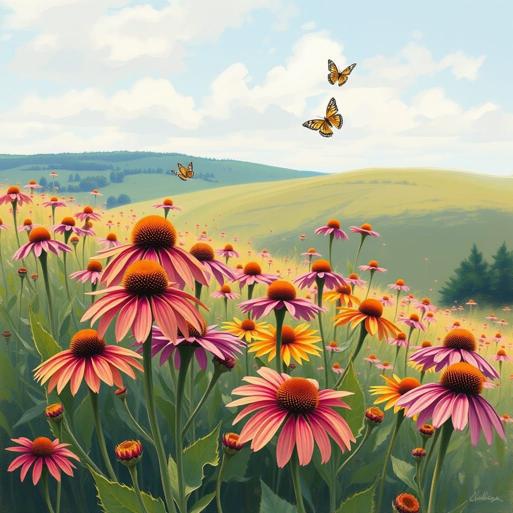Coneflowers Swaying in Impressionist Landscape