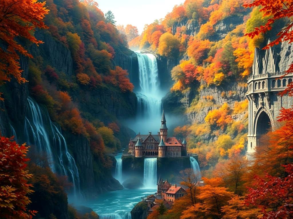 Majestic Waterfall Flows into Elven City Amidst Autumn Leave...