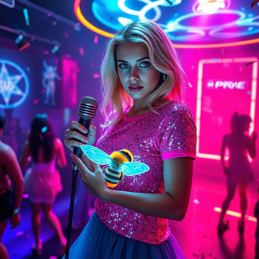 Futuristic Nightclub Scene with Whimsical Elements