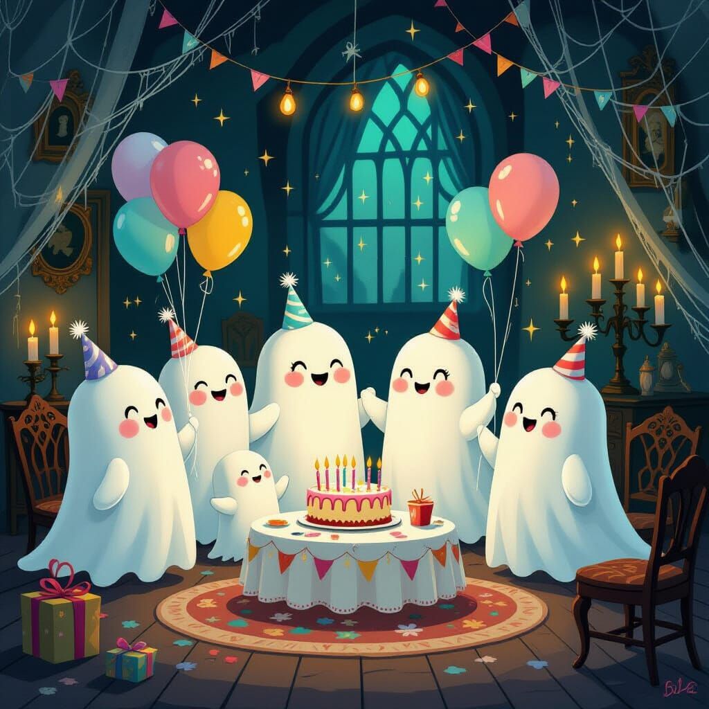 Cute Ghosts Celebrate Birthday in Enchanted Room