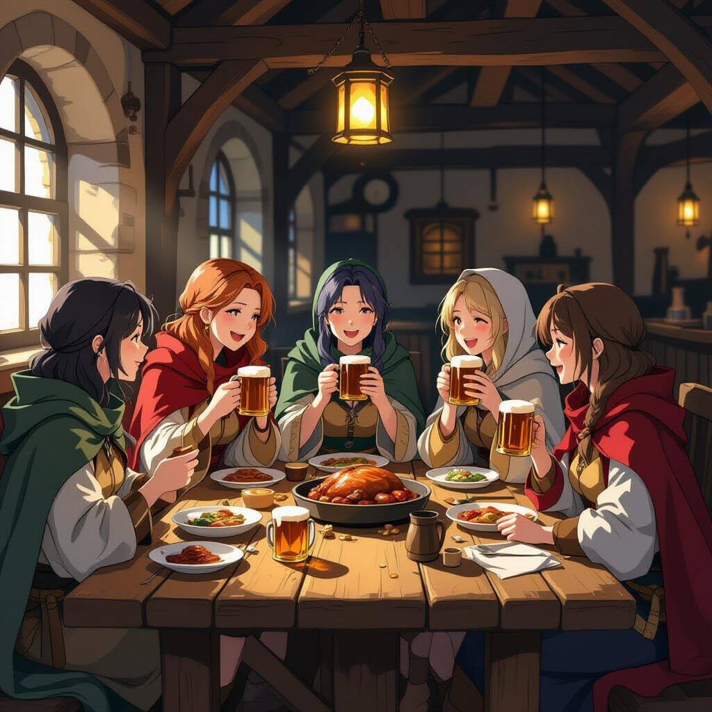 Medieval Tavern Gathering: Women Enjoying Food and Drink