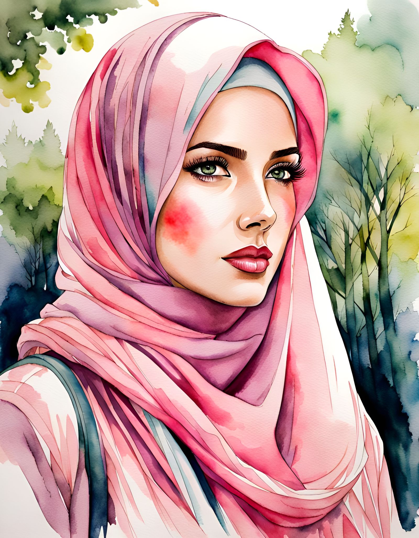 Beautiful Woman in Pink Hijab: Watercolor Ink Drawing