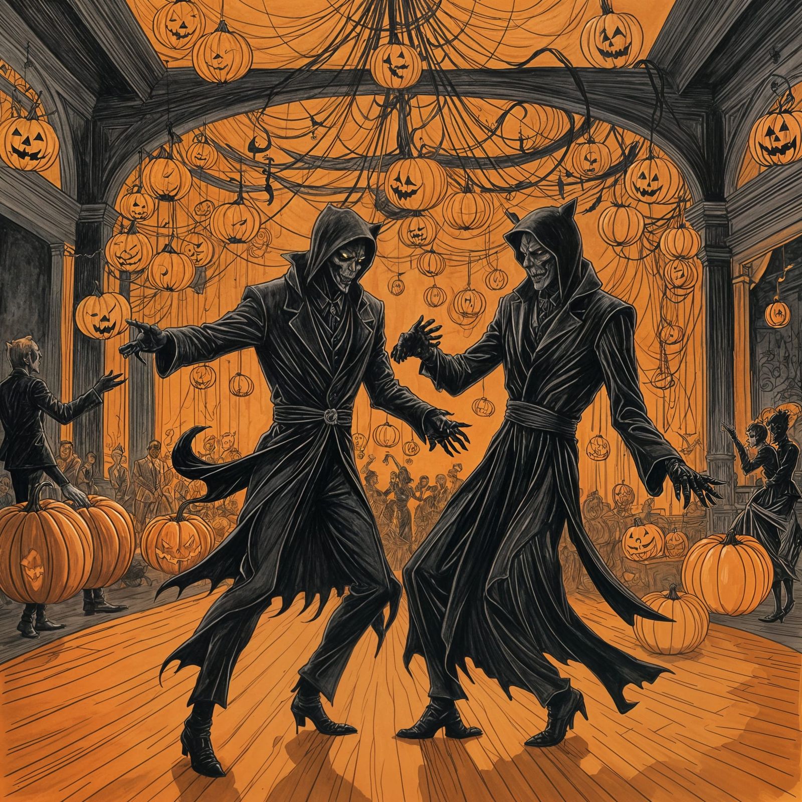 Elegant Werewolf and Grim Reaper Waltz Ink Drawing
