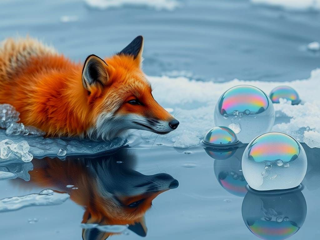 Fox Submerged in Ice with Iridescent Bubbles