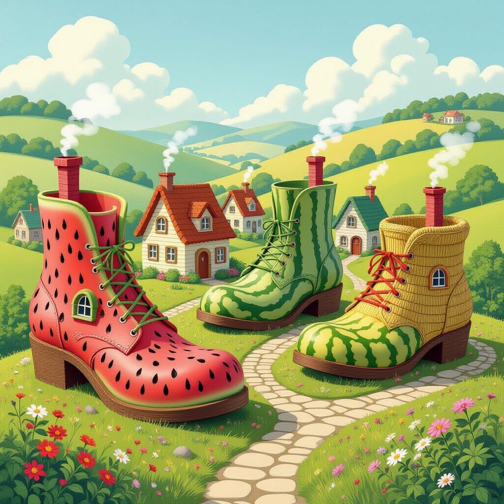 Whimsical Shoe Village in Pastel Cartoon Style