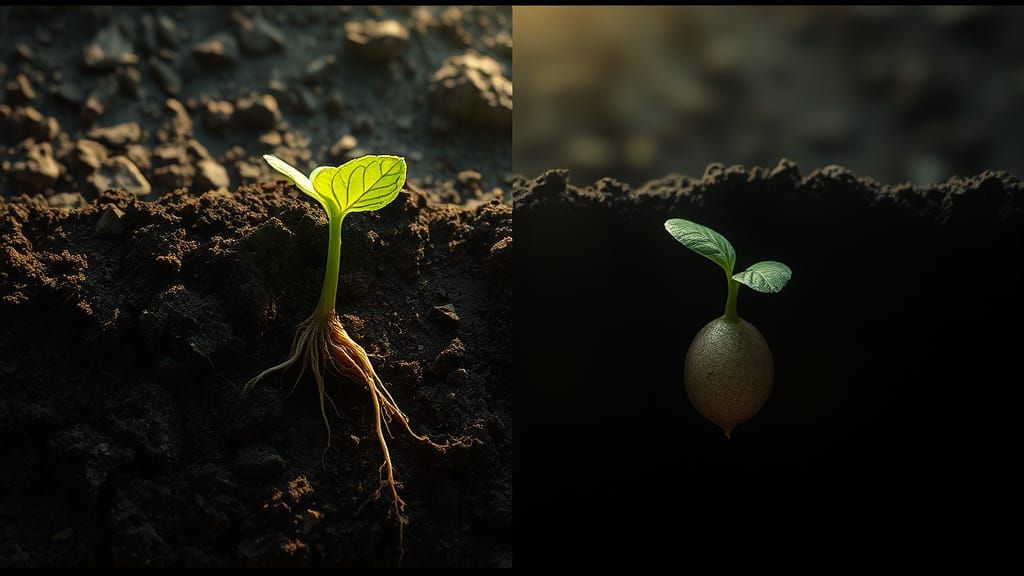 Hopeful Sprout Contrasted With Dormant Seed: Cinematic Still