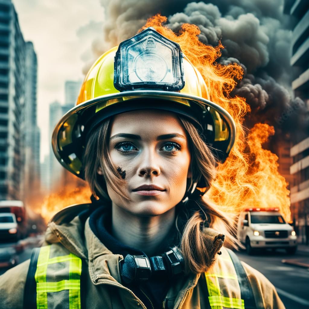 Firefighter Double Exposure with Burning City