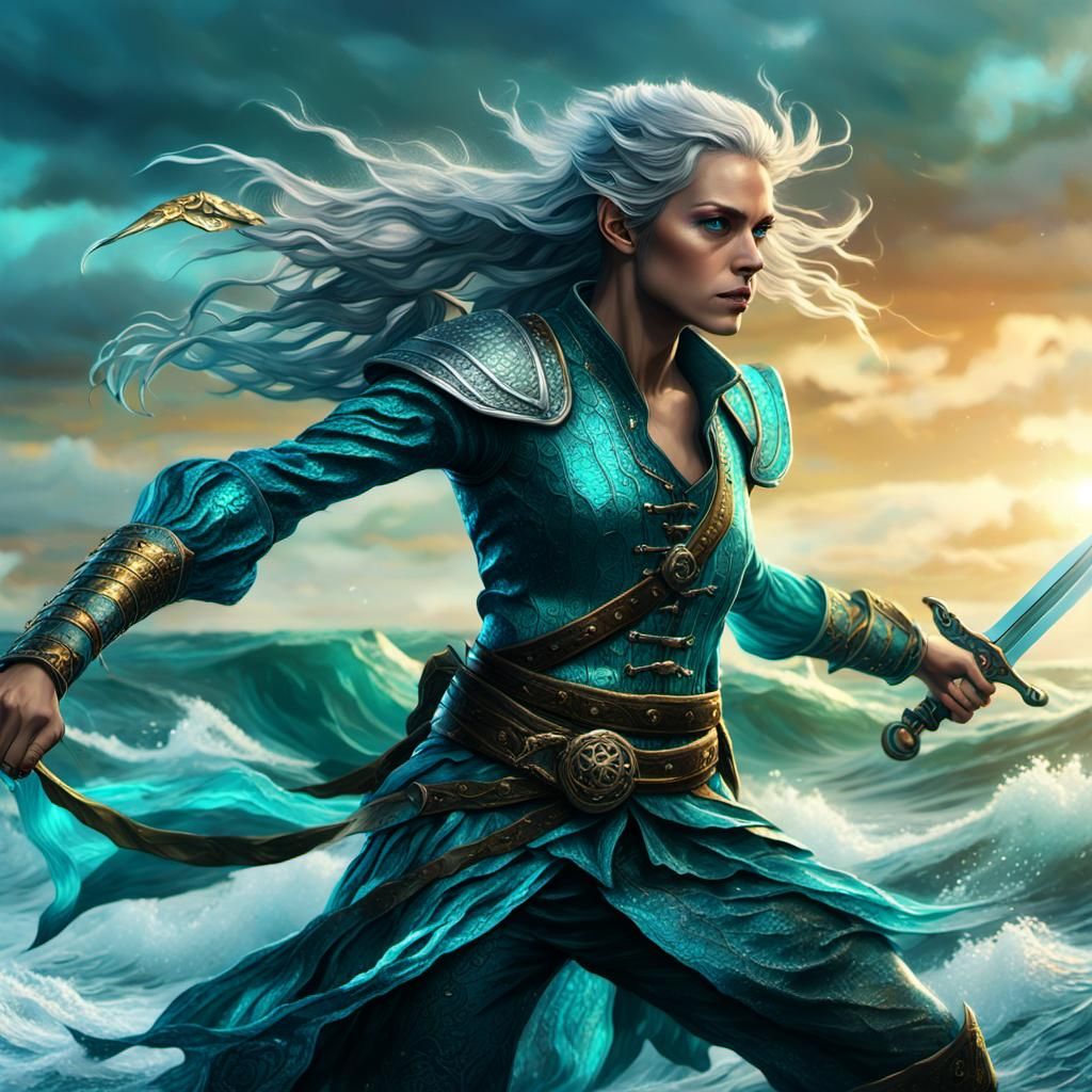 Sea-Elf Pirate Swinging into Battle: Digital Matte Painting