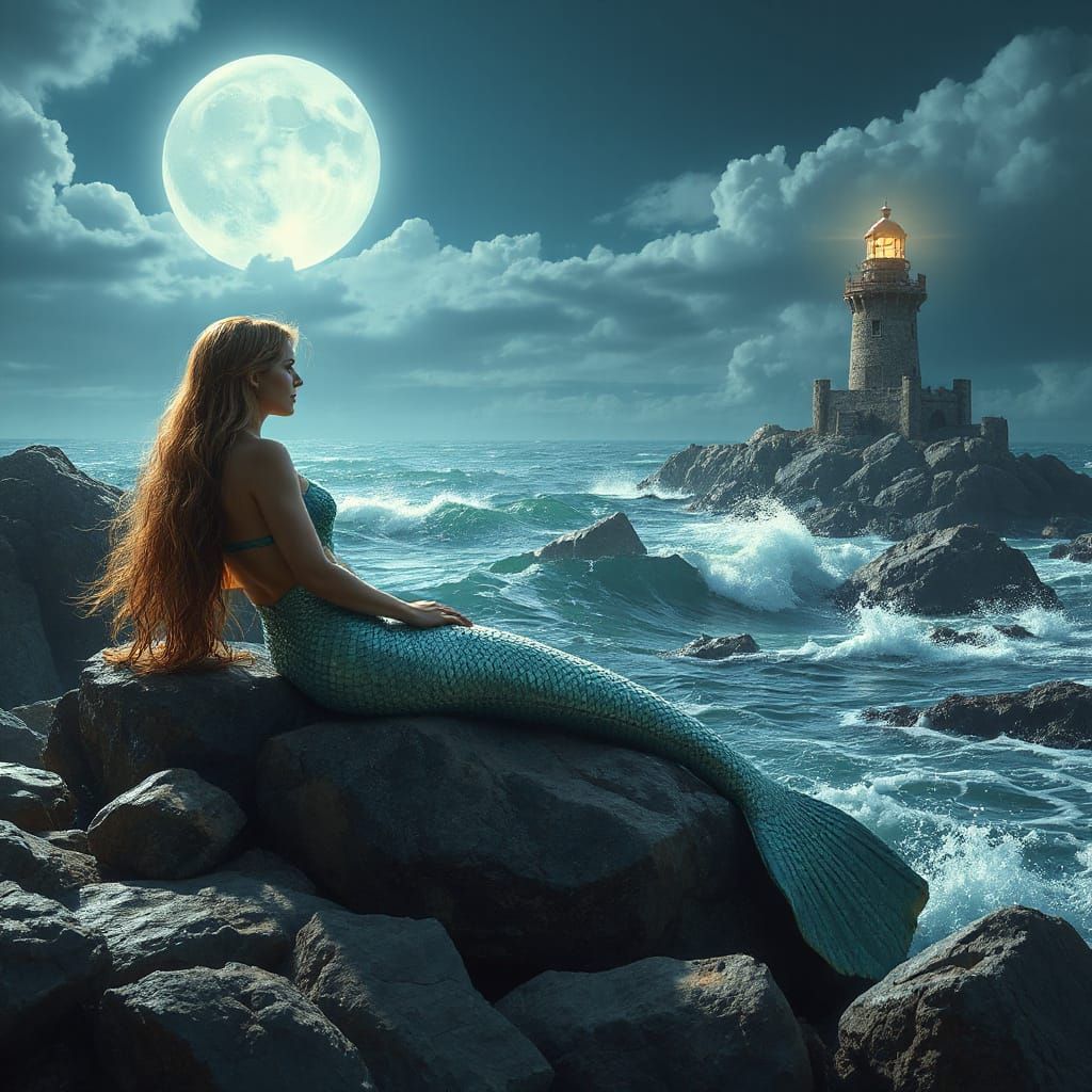 Moonlit Mermaid Gazing at Lighthouse: Fantasy Concept Art