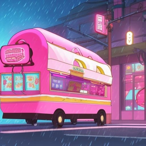 Pink Donut Truck in Rainy Anime Nightscape