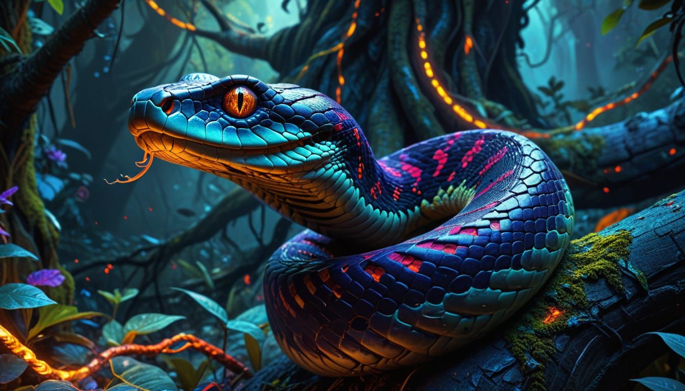 Majestic Snake with Molten Gold Eyes on Ancient Tree