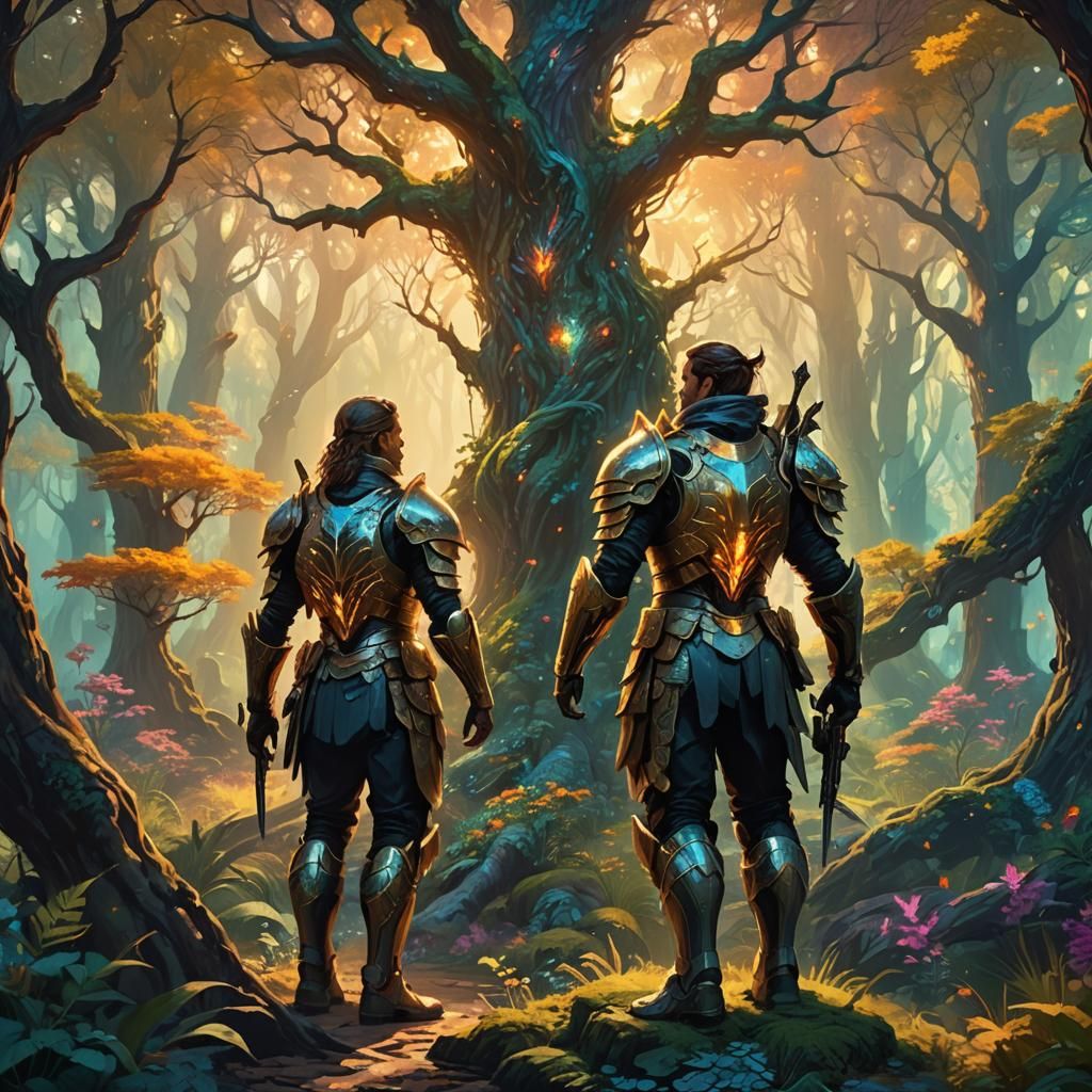 Armored Soldiers Embrace in Mystical Forest, Fantasy Art
