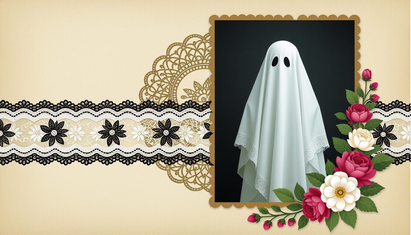 Ethereal Ghost Adorned with Lace in Scrapbook Collage