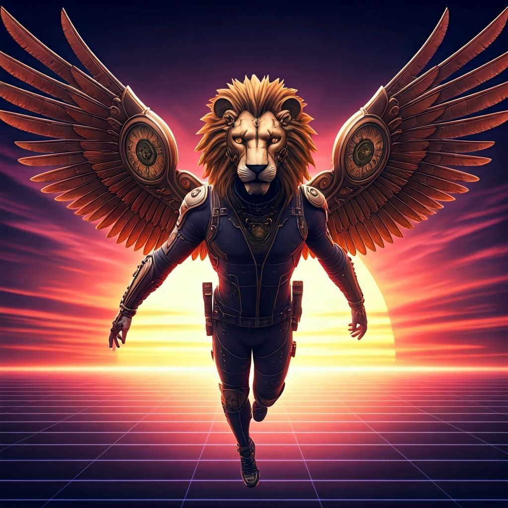 Cyberpunk Vigilante Soars in Synthwave Sunset