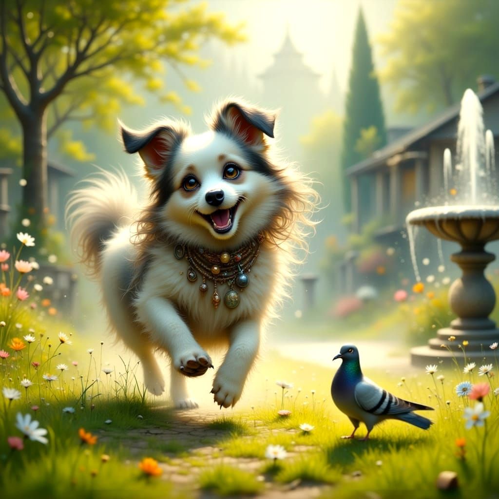 Joyful Afghan Dog Chases Pigeon in Vibrant Spring Landscape