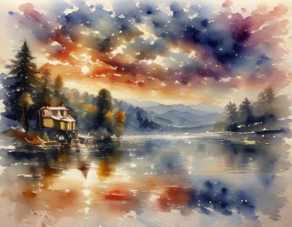 Portofino Night Harbor in Watercolor Style