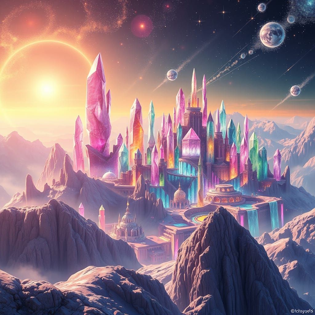 Vibrant Crystal Metropolis Amidst a Celestial Dreamscape