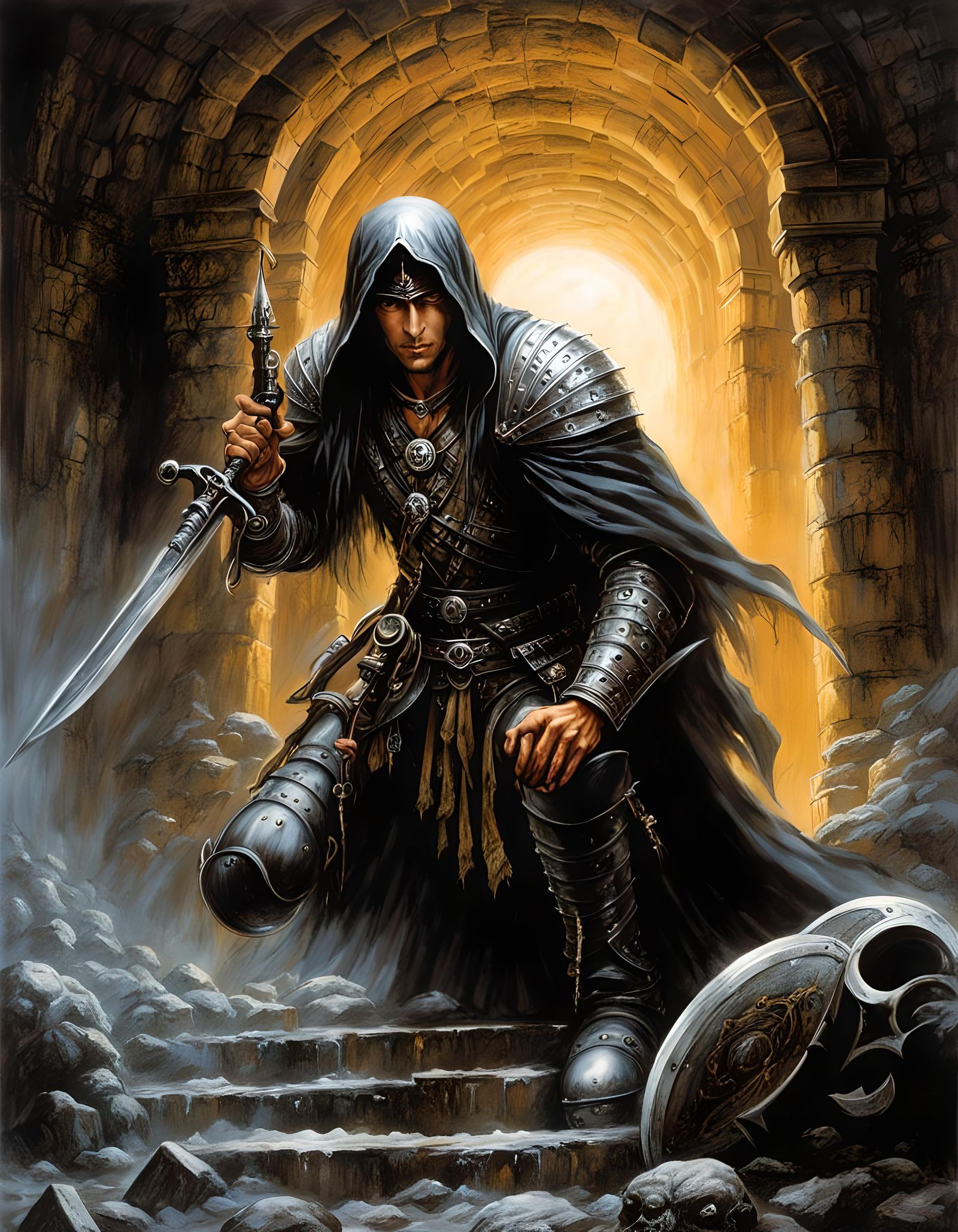Wounded Adventurer Crawling from Crypt, Dark Fantasy Art