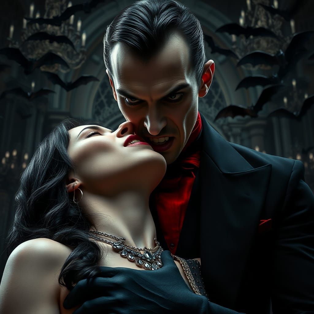 A gigantic prefect photo headshot of a handsome Count Dracula  from Transylvania biting  right into a gorgeous , beautif...