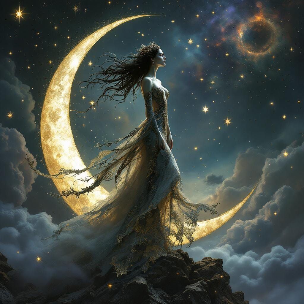 Gothic Celestial Enchantress on Crescent Moon Portrait