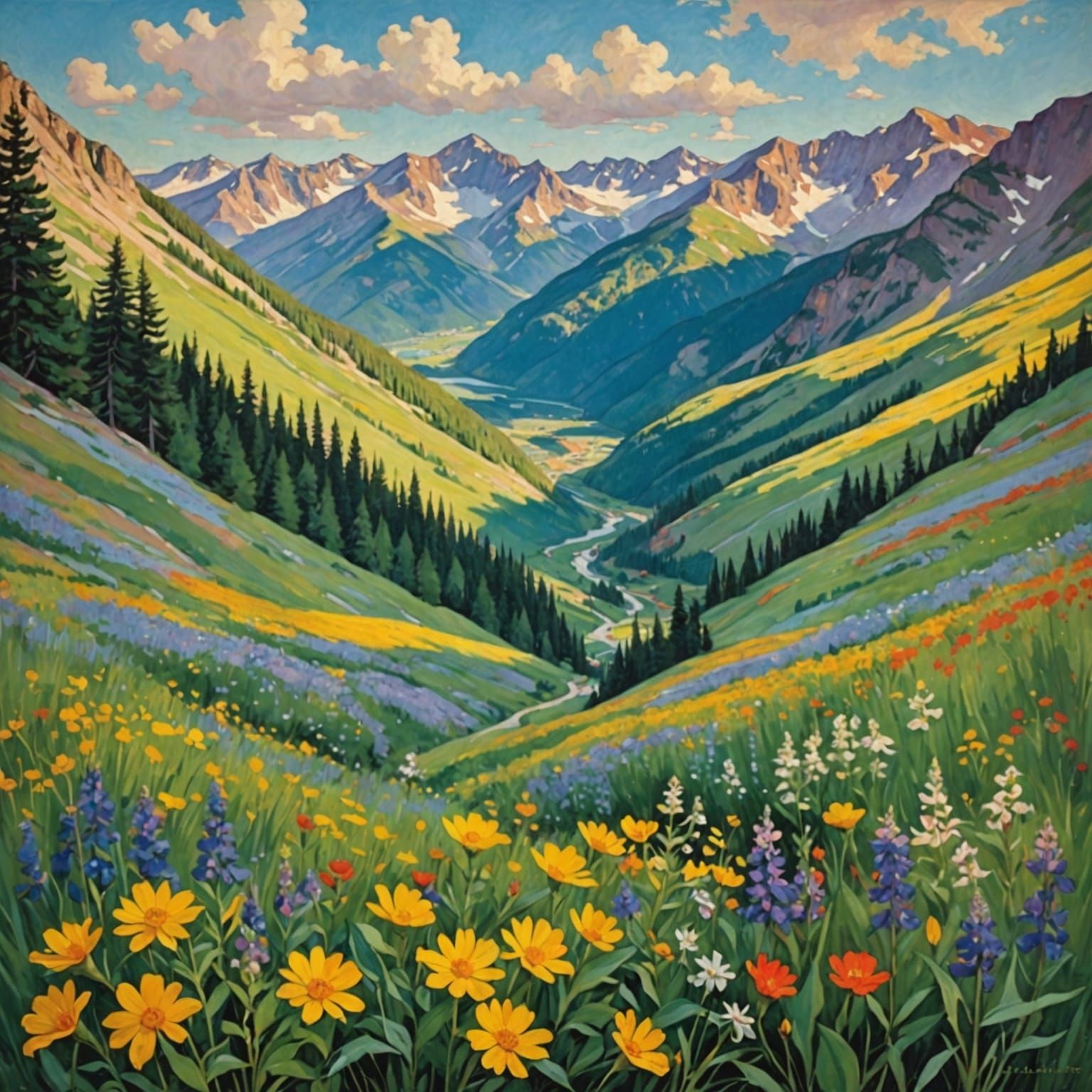 Vibrant Mountain Landscape with Wildflowers in Impressionist...