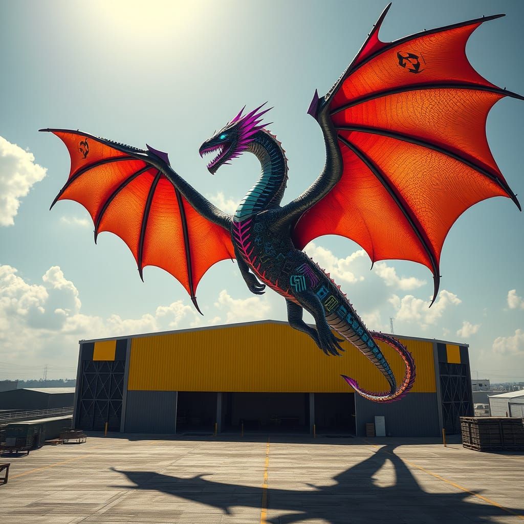 Cyberpunk Dragon Descends on Industrial Warehouse