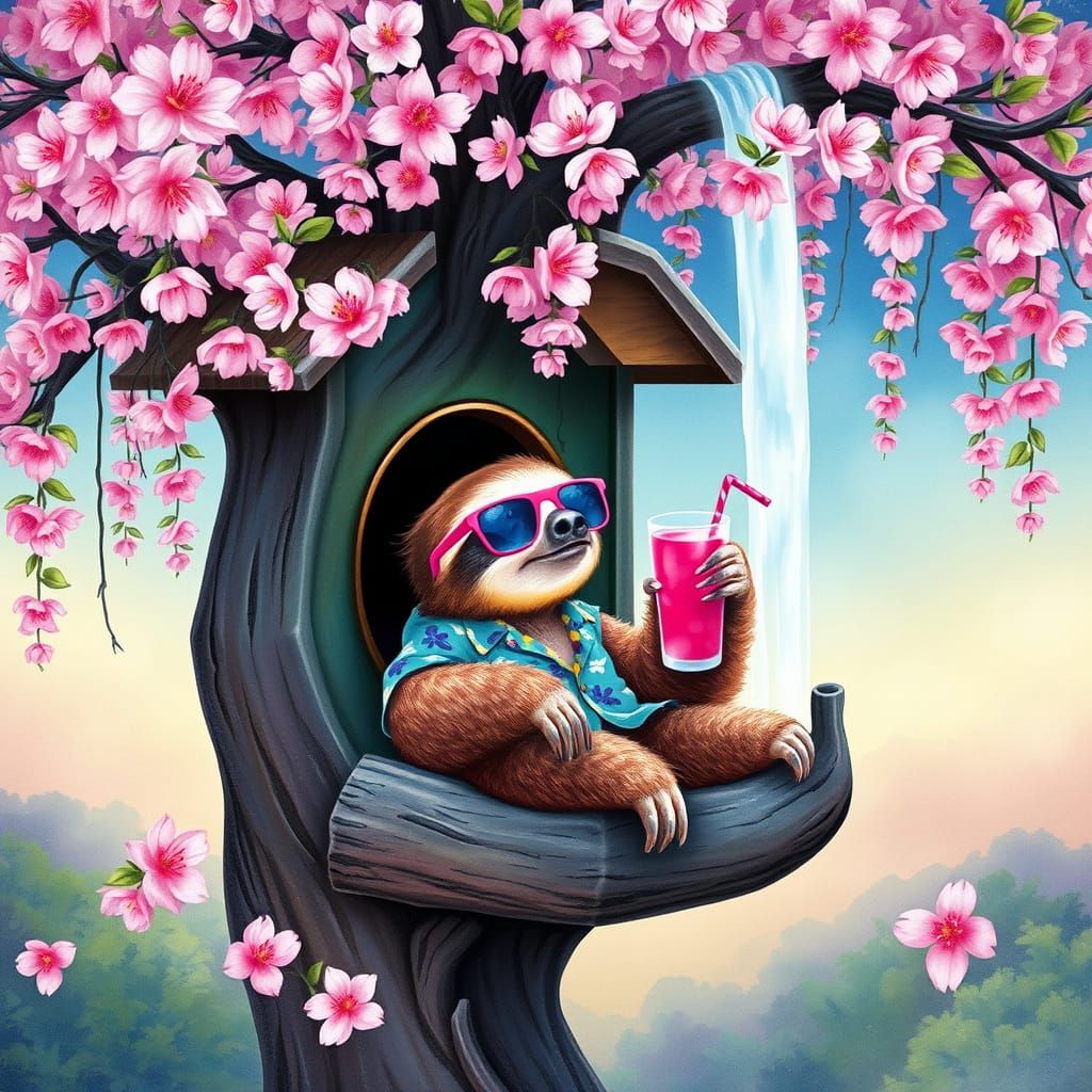 Whimsical Sloth in Cherry Blossom Treehouse, Watercolor Styl...