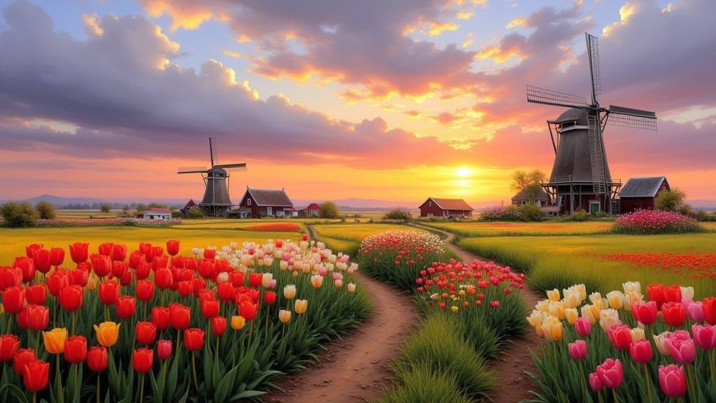 Dutch Windmills and Tulips