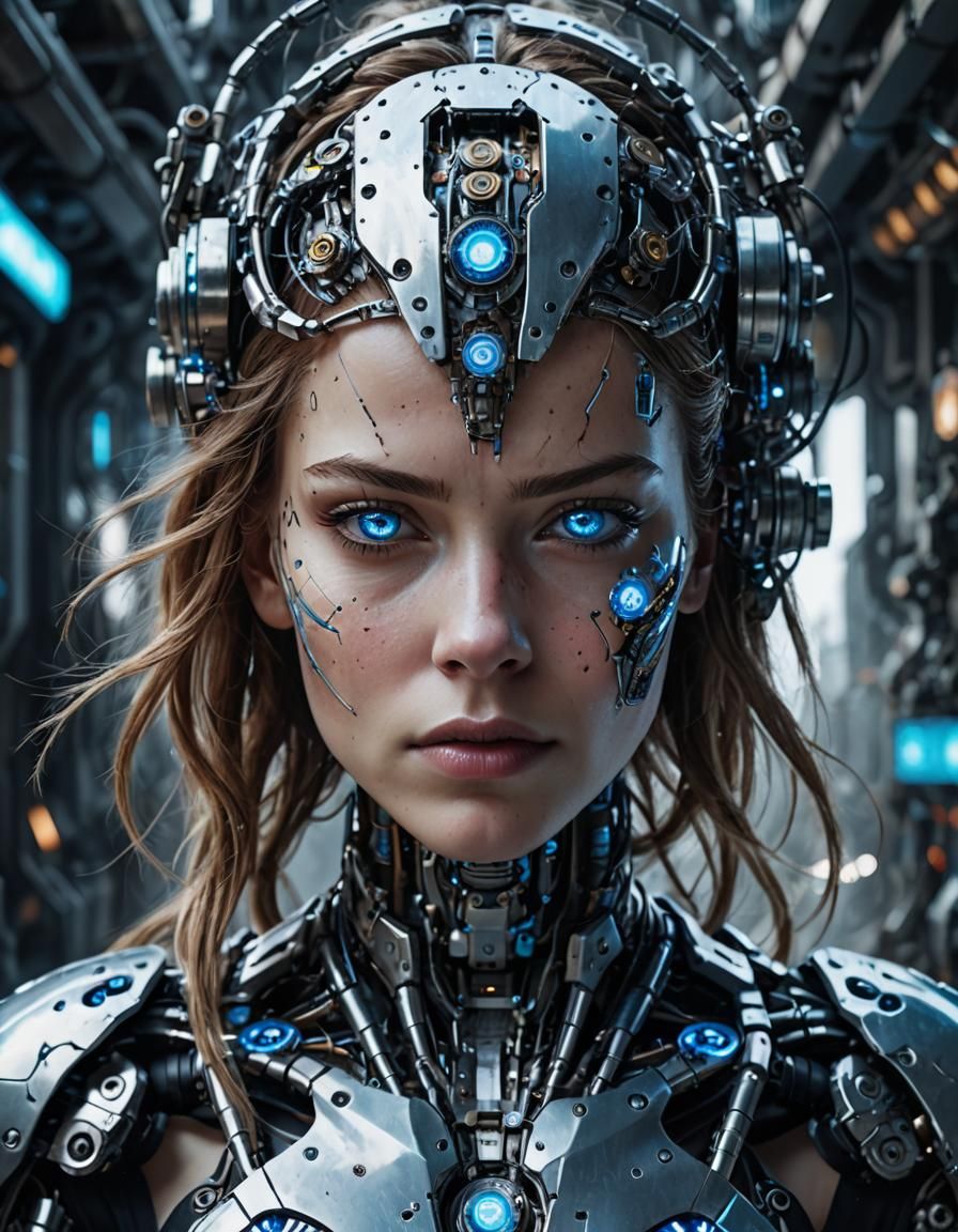 Photorealistic Cyborg Woman with Glowing Eyes: Futuristic Po...