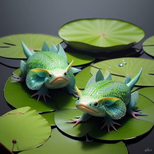Hyperrealistic Concept Art of Axolotls in Water Lily Habitat