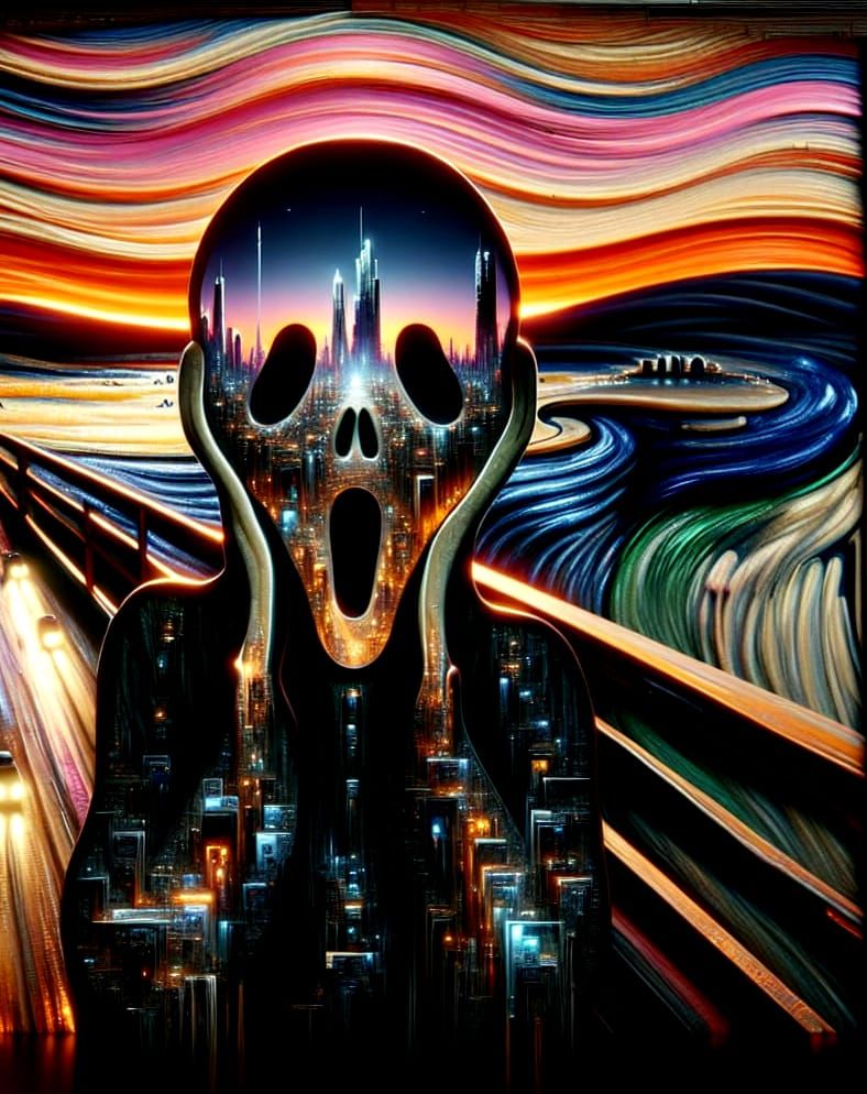 Cyberpunk Cityscape Inside Expressionist Scream Silhouette