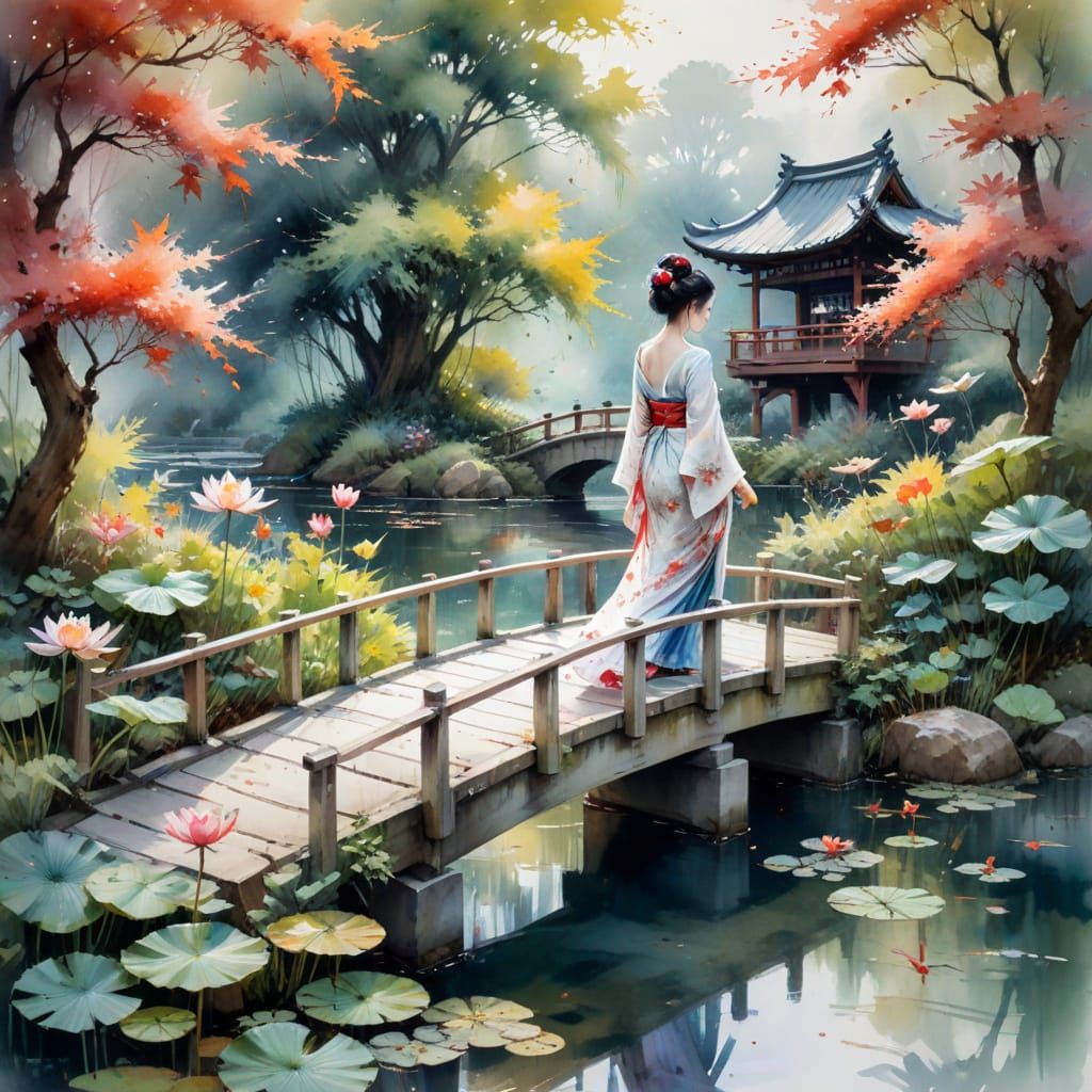 Geisha Crosses Bridge in Lotus Pond, Japanese Maple Scenery