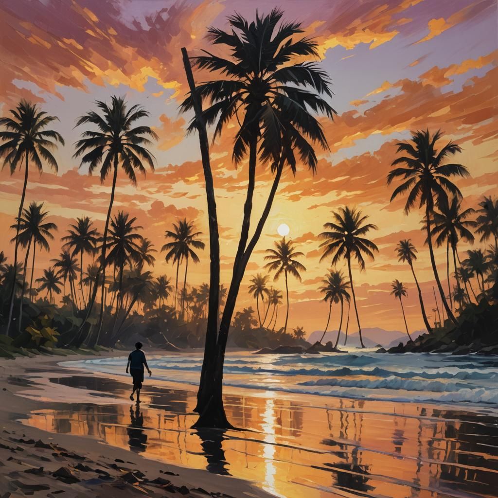 Golden Sunset Beach with Palm Trees in Oil Painting Style
