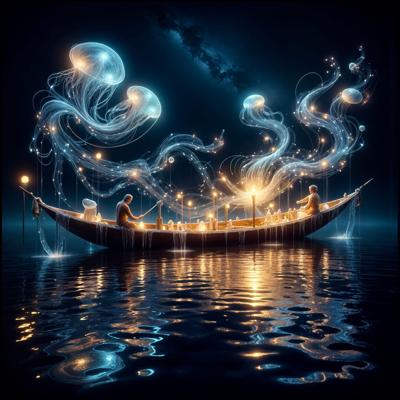 Floating Night Market with Glowing Jellyfish Lanterns and Ne...