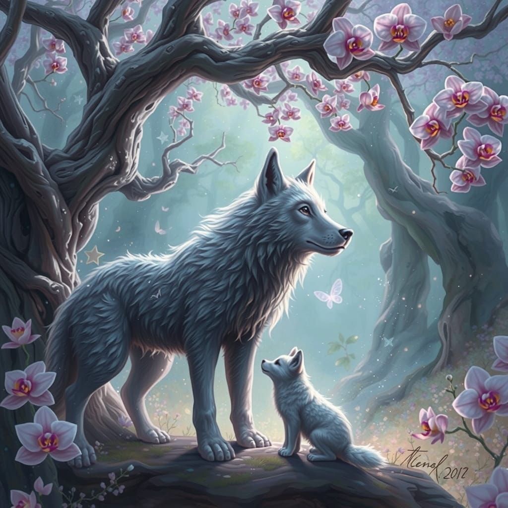 Child with Wolf Pup Under Enchanted Oak Tree