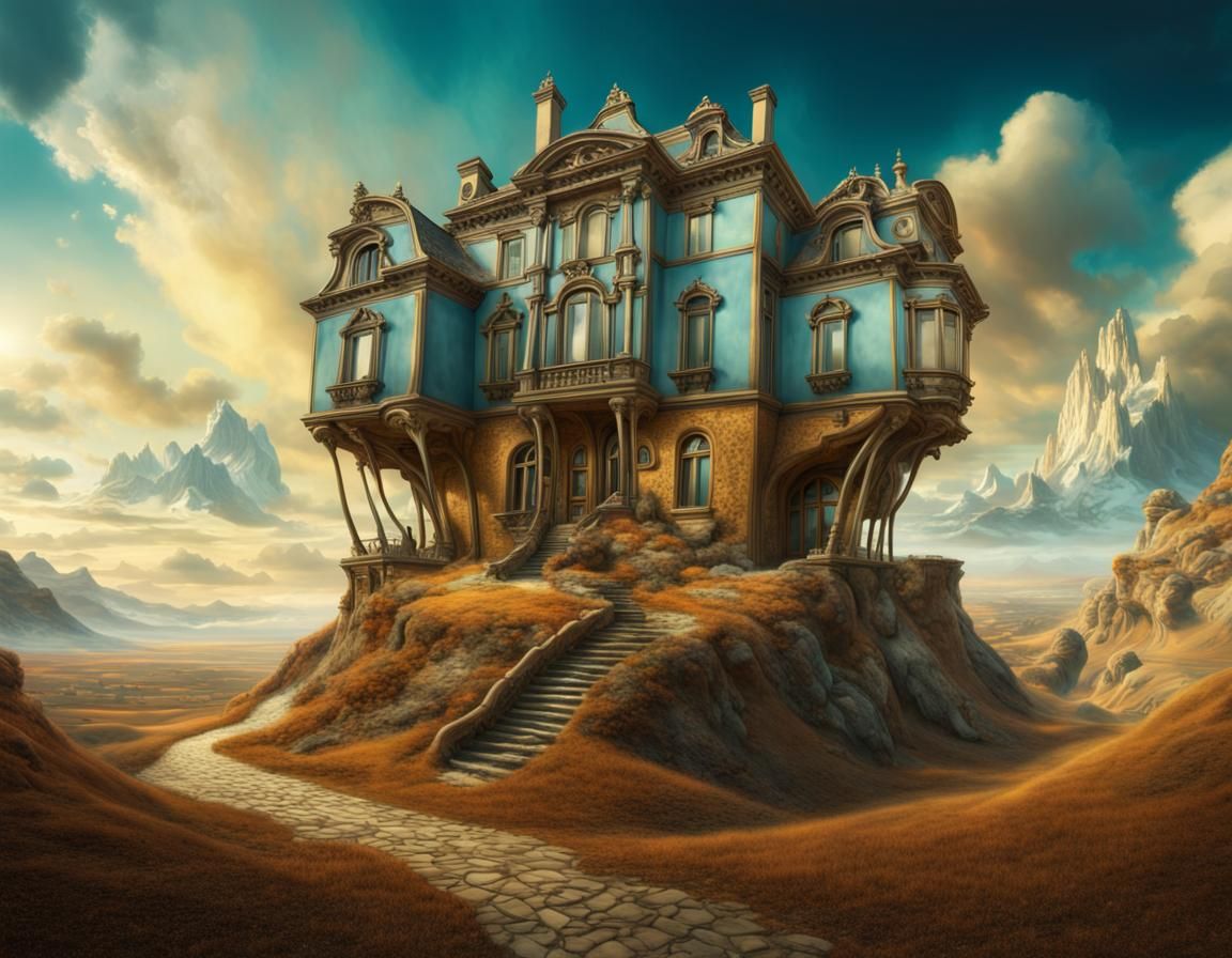Surreal Three-Story House in Dali Style Landscape