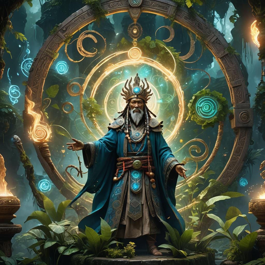 Mystical Shaman in a Vortex of Ancient Symbols