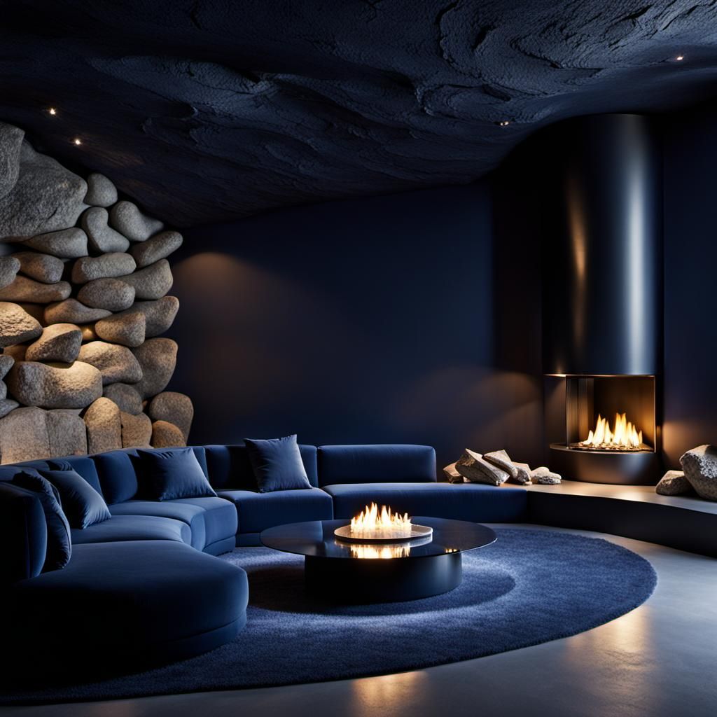 Modern Cave Living Room with Geometric Accents